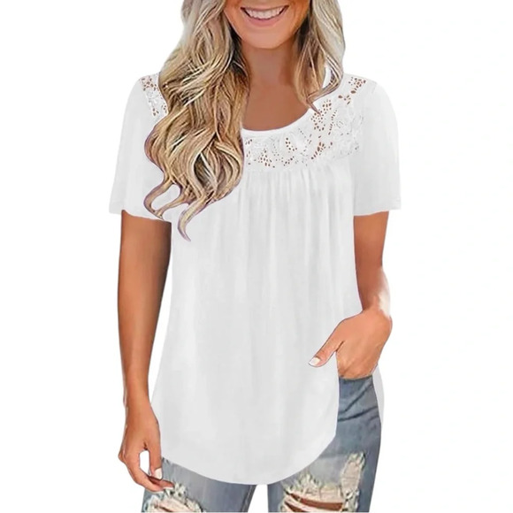 NWOT Womens Summer Plus Size Tops Blouses Short Sleeve Shirts Laced Upper Bodice - Picture 2 of 6